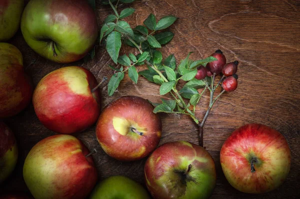 Pommes Vrac Brin Avec Des Hanches Rose Sur Fond Bois — Photo