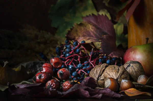 Frutos Secos Frutas Con Follaje Estilo Rústico Sobre Fondo Madera — Foto de Stock
