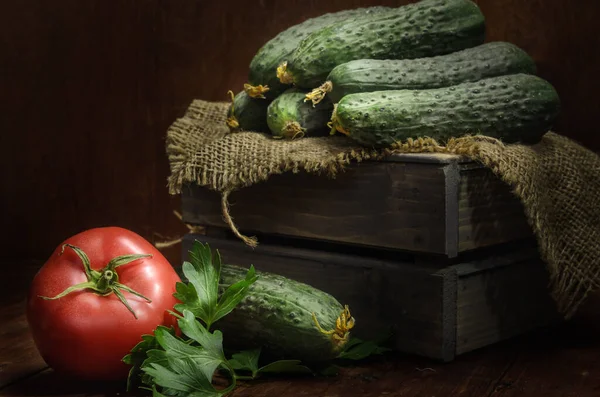 Fresh Vegetables Dark Wooden Background Rustic Style — Stock Photo, Image