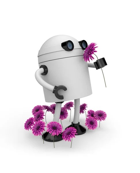 Robot sniffing flower — Stock Photo, Image