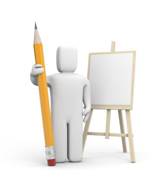 Sanatçı şövale yakınındaki kalem ile 