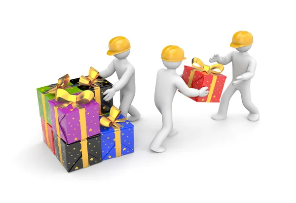 People unload gift boxes — Stock Photo, Image