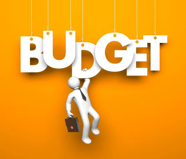 Man hanging on budget inscription — Stock Photo, Image