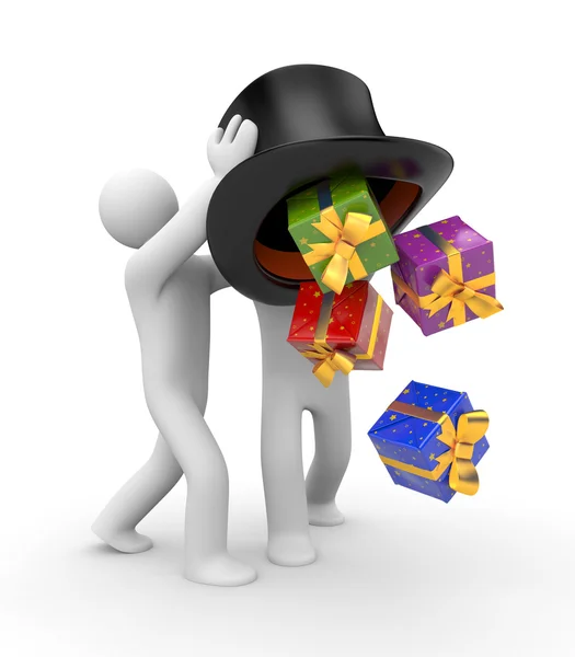 People and hat with gifts — Stock Photo, Image