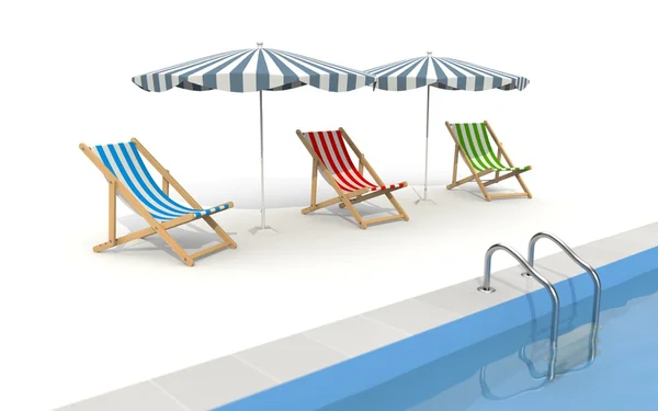 Pool with umbrella and plank bed — Stock Photo, Image