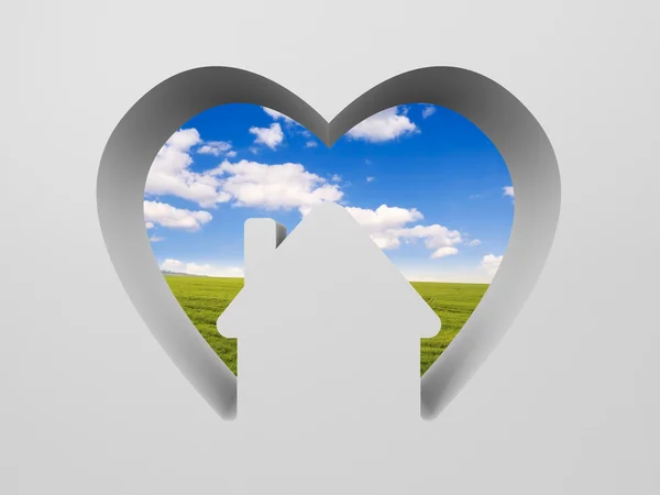 Form av hjärta med hus och landskap — Stockfoto
