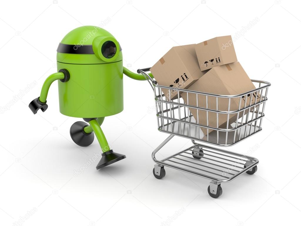 Robot with shopping cart filling boxes