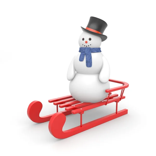 Snowman on sled on white — Stock Photo, Image