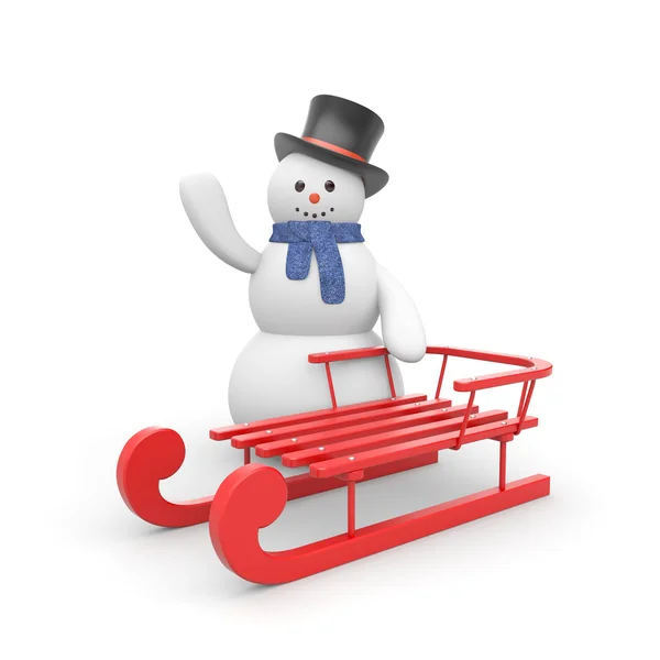 Snowman with red sled — Stock Photo, Image