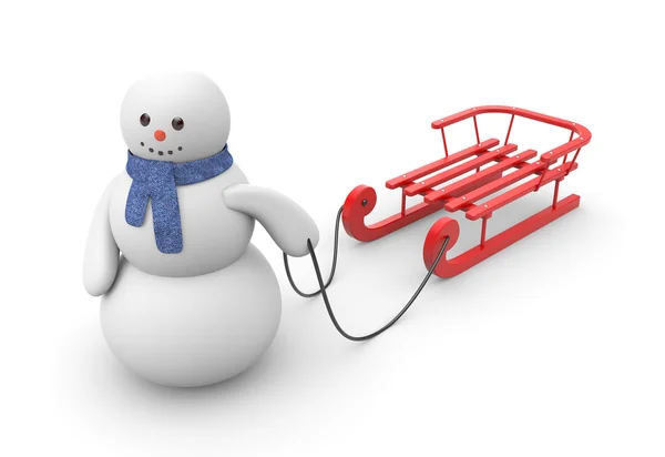 Muñeco de nieve va a montar en trineo rojo —  Fotos de Stock