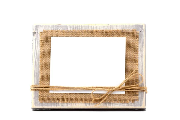 Rustic Wooden Photo Frame Natural Fiber Rope White Copy Space — Stock Photo, Image