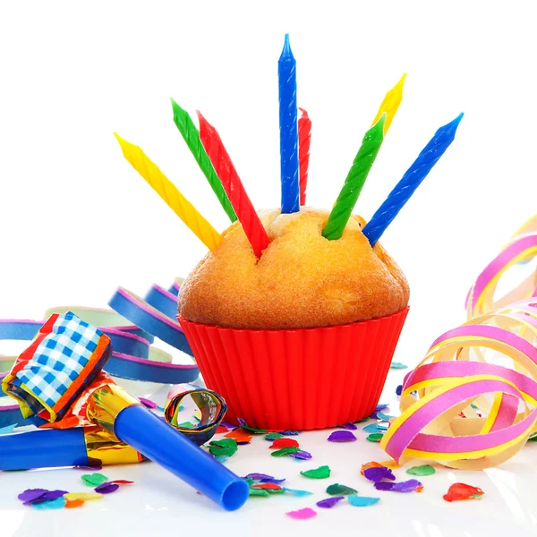 Birthday cupcake with lots of candles — Stock Photo, Image