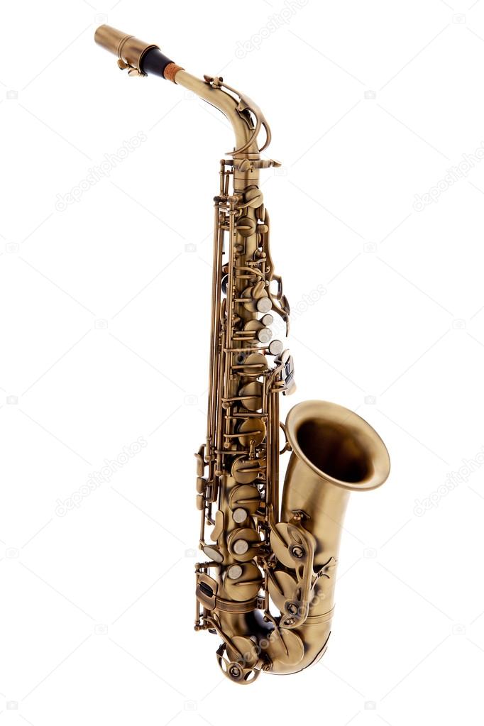 copper saxophone over white background