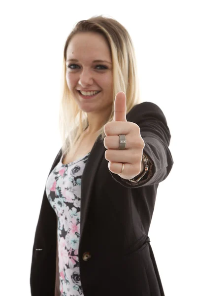Young business woman with thumbs up — Stock Photo, Image