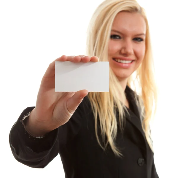 Businesswoman is holding empty card — Stock Photo, Image