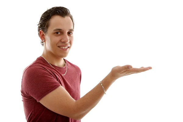 Young man is showing with empty hand — Stock Photo, Image