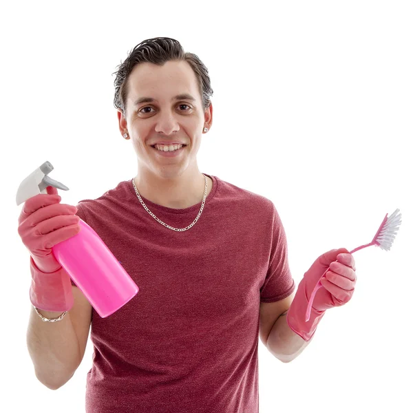 Young man with cleaning supply — Stock Photo, Image