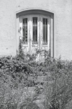 Yıpranmış ahşap kapılı giriş ve yabani otlarla kaplı merdivenler.