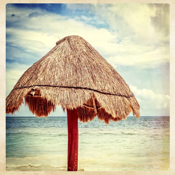 Gräs palapa paraply på stranden — Stockfoto
