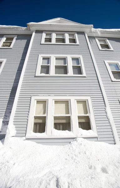 Blue three story house in winter — Stock Photo, Image