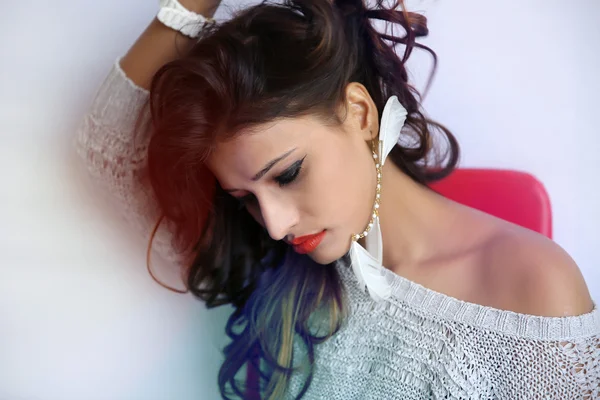 Fashion portrait of stylish young indian girl on a white backgro — Stock Photo, Image