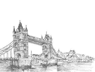 El Drawn kroki çizimi Tower Bridge, Londra, İngiltere. Vect