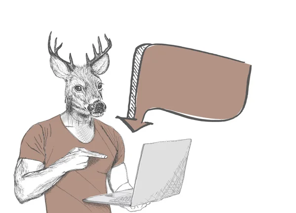 Hipster rådjur pekar på laptop skärm mot vit bakgrund. — Stock vektor