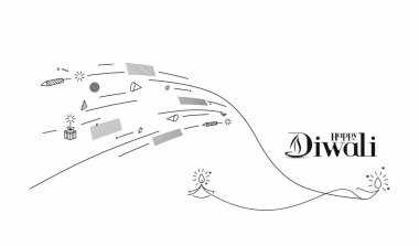 Yağ lambası - Mutlu Diwali Festivali 'nin diya metni, Çizgi Sanat Vektörü illüstrasyonu.