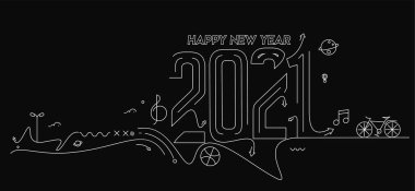 Seyahat Dünyası Tasarım Paterni ve Vektör illüstrasyonuyla Mutlu Yıllar 2021 Metinleri.