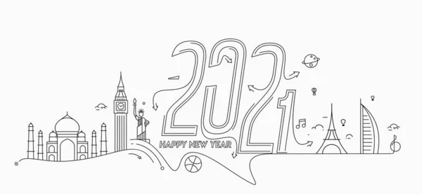 Boldog Évet 2021 Szöveg Utazási Világ Design Patter Vector Illusztráció — Stock Vector