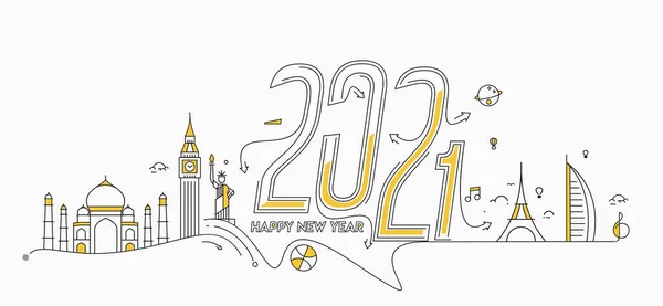 Happy New Year 2021 Text Travel World Design Patter Vector — Stock Vector