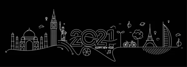 Bonne Année 2021 Texte Avec Voyage Monde Design Patter Illustration — Image vectorielle