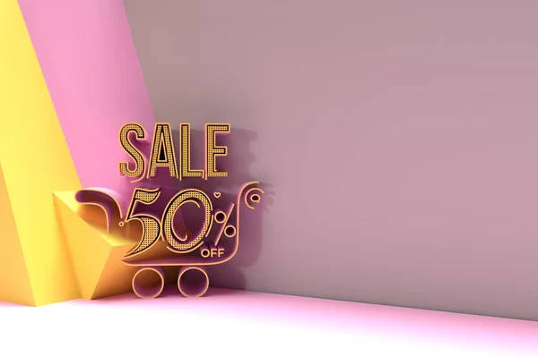 3D Render Abstract 50% Sale OFF with Shopping Cart Discount Banner 3D Illustration Design.