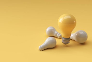 Sarı pastel arka planda, gölgeli bir ampul seti. 3B görüntüleme.