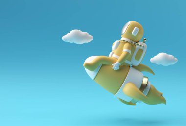 3d Render Spaceman Astronot Roket 3D Çizim Tasarımı ile Uçuyor.