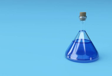 3D Render Laboratuar Şişesi Mavi Sıvı ile kimyasal şeffaf şişe döküyor.
