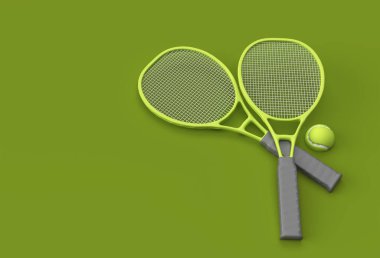 3D Render Spor Ekipmanı Tenis raketi ve yeşil arka planda bir top