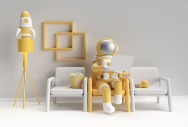 Dizüstü bilgisayarda çalışan 3D Render Astronot, 3D illüstrasyon Tasarımı.