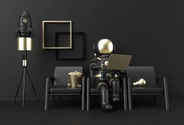 Dizüstü bilgisayarda çalışan 3D Render Astronot, 3D illüstrasyon Tasarımı.