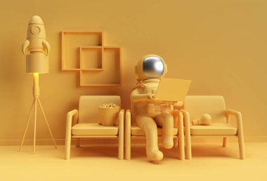 Dizüstü bilgisayarda çalışan 3D Render Astronot, 3D illüstrasyon Tasarımı.