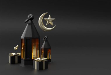 Bir Arap fenerinin 3 boyutlu çizimi, Hilal yıldız, yazdığın metnin boşluğu. Bayram Mübarek kutlaması.