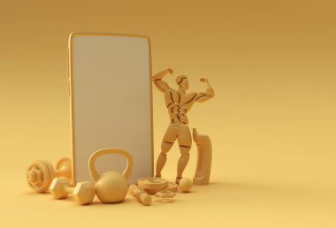 Dumbbell ve Barbell Akıllı Telefonu Boş Ekran Şablonu. Soyut, modaya uygun bir model. Boş telefon mobil uygulamasının 3B görüntülenmesi.