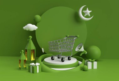 3 Boyutlu Mübarek Bayram Kutlaması Minimum Podyum Sahnesi Alışveriş Arabası Görüntü Ürünleri Reklam Tasarımı.