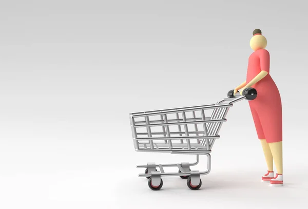 Render Woman Shopping Cart Icon — стоковое фото