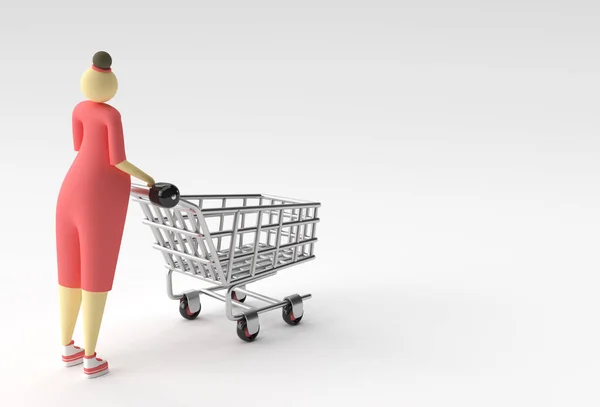 Render Woman Shopping Cart Icon — стоковое фото
