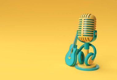 Kısa bacaklı 3D Render Retro mikrofon ve 3D İllüstrasyon Tasarımı.