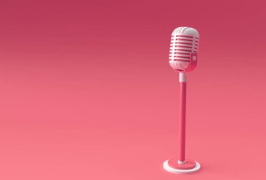 Kısa bacak ve ayakta 3D Render Retro mikrofon, müzik ödülü modeli şablonu, karaoke, radyo ve kayıt stüdyo ses ekipmanları.
