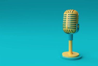 Kısa bacak ve ayakta 3D Render Retro mikrofon, müzik ödülü modeli şablonu, karaoke, radyo ve kayıt stüdyo ses ekipmanları.