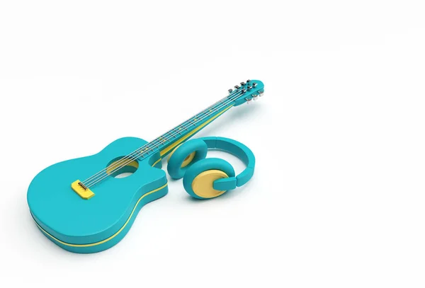 音楽ヘッドフォン3Dイラスト付き3Dレンダリングアコースティックギターデザイン — ストック写真