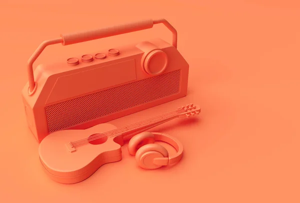 Audífonos Música Guitarra Acústica Renderizado Con Antigua Radio Estilo Retro —  Fotos de Stock